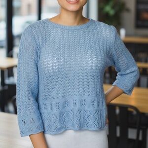 Ally Knit Crochet 3/4 Sleeve Crop Top Blue Size S